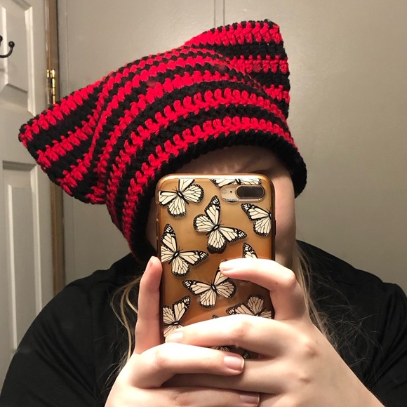Black and Red Crochet Cat Ear Beanie - Picture 2 of 4